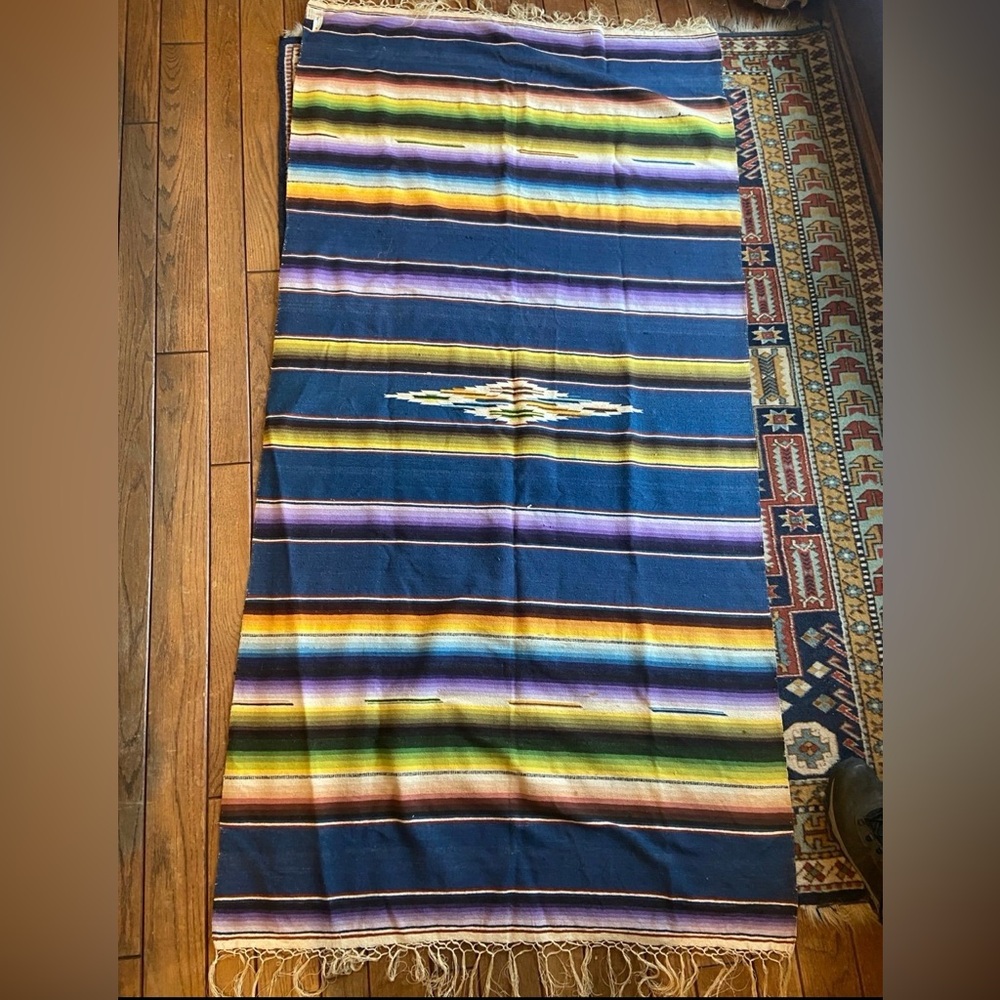 Vintage Blue Striped Serape with Original Tags. Made in Tamaulipas Mexico